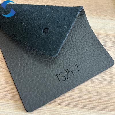 China Soft Or Hard Hand Feeling PVC Leather Fabric For Sofa Black Brush Backing Lychee Pattern Embossed Artificial Leather Fabric for sale