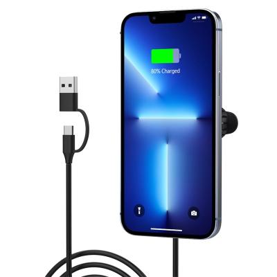 China 2022 New 15W Magnetic Mobile Phone Charging 2 IN 1 Type C USB A Magsafe Cable 360 Degree Car Wireless Charger for sale