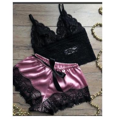 China Hot Selling Women's Pajamas QUICK DRY Satin 2 Piece Suspender Pajamas Shorts Set Lace Shorts Women Pajamas Shorts Set for sale