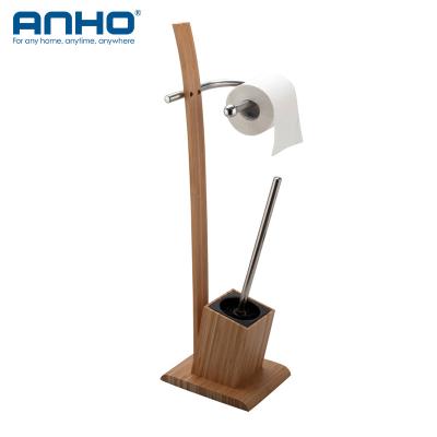 China Modern Bamboo Bathroom Floor Standing Toilet Brush Toilet Cleaning Brush Holder With Roll Paper Holder for sale