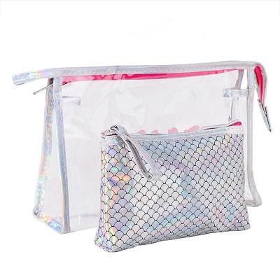 China Durable PVC Stock Pu+ Travel Makeup Cosmetic Bag Organizer With Sequins 2pcs One Set for sale