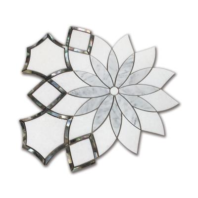 China Carrara white parquet flower design waterjet marble mosaic slab with black pearl stone mosaic for home decoration HCX041 for sale
