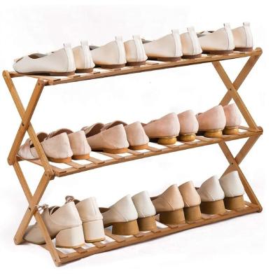 China 3 Tier Foldable Bamboo Shoe Rack Multifunctional Foldable Folding Shoe Storage Rack for sale