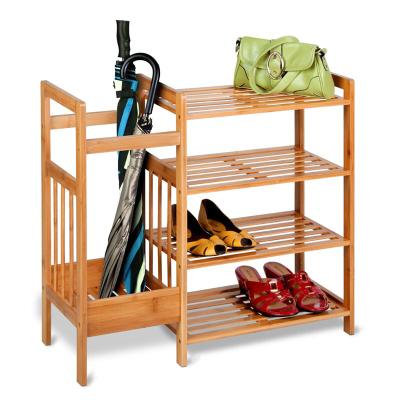 China Modern Living Room Wooden Shelving 4-Tier Bamboo Shoe Storage Rack Organizer with Umbrella Holder for sale