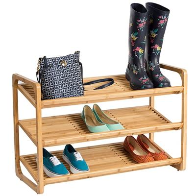 China Modern Bamboo Stackable 3-Tier Entryway Shelf Shoe Rack Shoe Storage Organizer for sale