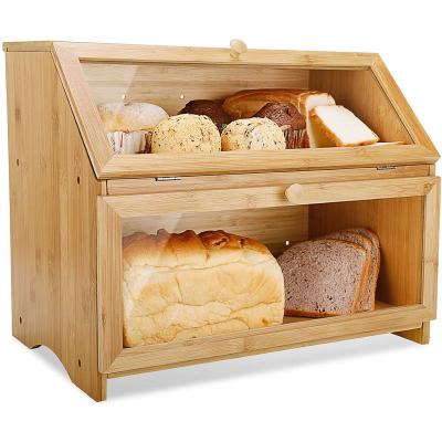 China Freshness Keeping Double Decker Bamboo Bread Bin 2 - layer bamboo bread box for kitchen for sale