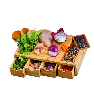 China Sustainable Extra Large Bamboo Cutting Board With 4 Drawer Bamboo Organizer Trays for sale