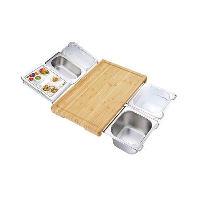 China Viable Expandable Bamboo Cutting Board Set with 4 Containers for Kitchen with Juice Groove for sale