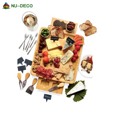 China Sustainable Charcuterie Wooden Tray Cheese Board and Knife Set Bamboo Cheese Dish with 2 Slide-Out Drawers for sale