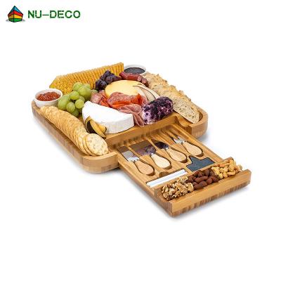 China Sustainable Bamboo Cheese Board And Knife Set Wooden Charcuterie Tray For Wine, Cheese, Meat for sale