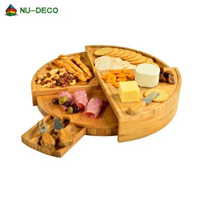 China Factory Price Viable The Log Bamboo Fruit Cutting Cheese Cutting Board With Sliding Drawer And 3pcs Knife Set for sale