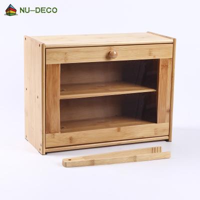 China Freshness Keeping Large Farmhouse Style Green Kitchen Double Layer Bamboo Bread Storage Rack Bread Box With Clear Window for sale