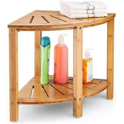 China Eco-friendly 2 Shelf Area CorSner Bamboo Shower Bench Spa Bath Stool With Storage Shelf for sale