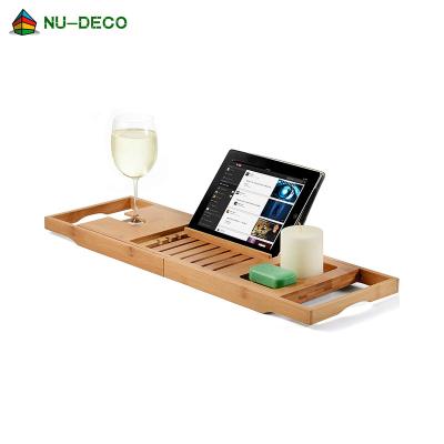 China Sustainable Luxury Dark Walnut Brown Bamboo Tub Caddy Tray Bath Board With Widening Sides for sale