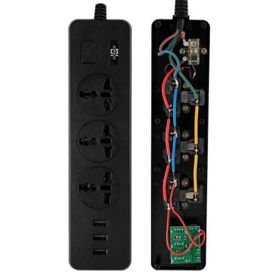 China Security door ABS flame retardant material Professional Factory Good Price 3000w Power Black 3 socket with 3USB Power Strip Extension Universal Socket for sale