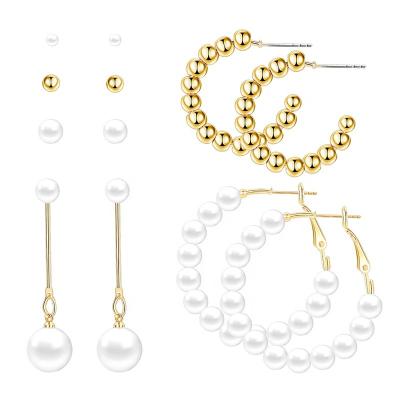 China FASHIONABLE Wholesale Gold Plated Imitation Stainless Steel Ball Pearl Hoop Earrings Set Circle Beaded Earrings for sale