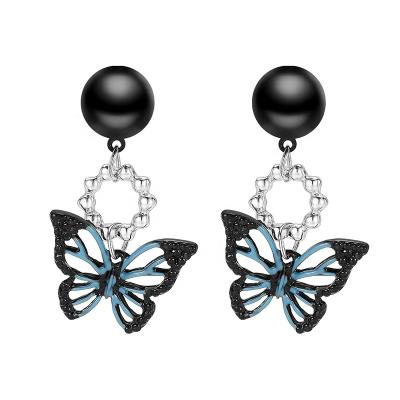 China Cool Custom Made Alloy Butterfly Charm Circle Black Blue Earring Girl Punk Earrings for sale