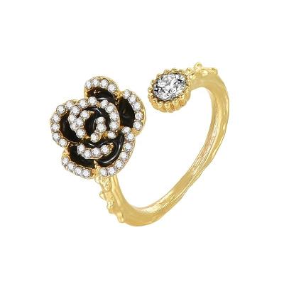 China Romantic French Light Luxury Black Rose Zircon Flower Ring Mother's Day Jewelry for sale