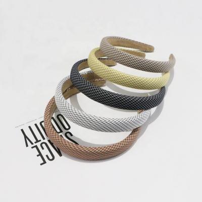 China Korean Simple Wide Color Sponge Cloth Headband Soft Vintage Grid Fashion Hair Circle for sale