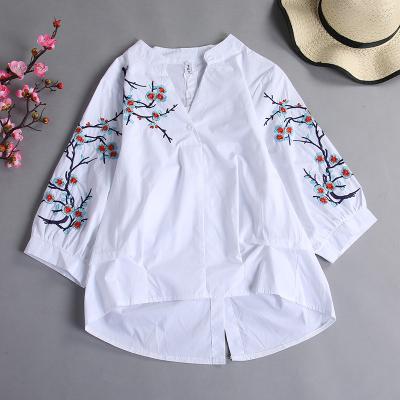 China Anti-pilling Women's Chinese Style Embroidered Ladies Women Shirt Casual Clothing Half Sleeve Blouse for sale