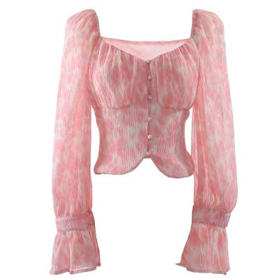 China Vintage Victorian Anti-Pilling Long Sleeve Shirt Draped Square Neck Sweetheart Chiffon Blouse Top Women Small for sale