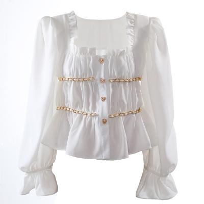 China Vintage Victorian Draped Square Neck Bishop Long Sleeve Chiffon Top Anti-pilling Shirt Blouse for sale