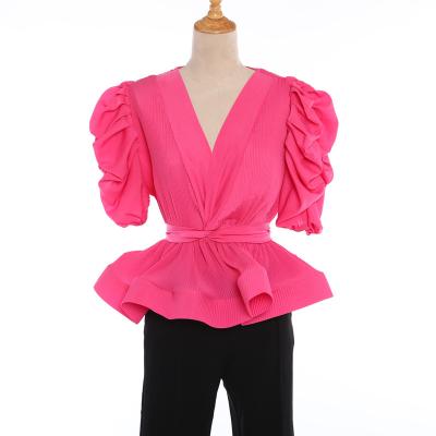 China Elegance Anti-Pilling Personalized Top Women Pleated Sleeve Cropped Wrap Blouse for sale