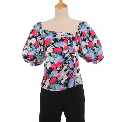 China Anti-pilling Print Summer Pleat Women's Puff Sleeve Crop Tops Blouses 2022 New for sale