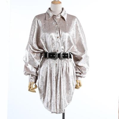 China Casual Anti-Pilling Puff Sleeves Loose Belted Blouse Corset Belted Long Waist Sleeve Shirt Dress for sale