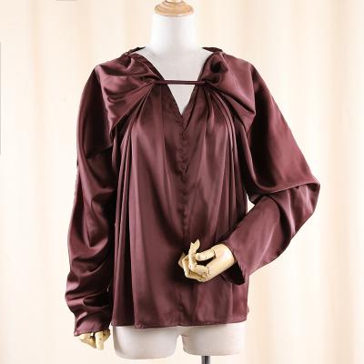 China Anti-pilling Women's Casual Long Sleeves Blouse Lantern Sleeve V-Neck Silk Satin Top for sale