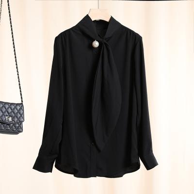 China Imitation silk women's anti-pilling spring long sleeves office shirt complements elegant tie neck satin blouse for sale