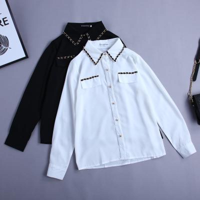 China Metal spring women anti-pilling long sleeves office shirt chain imitation silk decoration tops lapel elegant satin blouse for sale