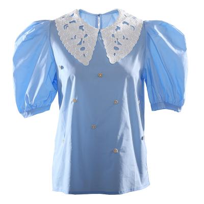 China Anti-pilling Women's Baby - Doll Collar Clothing Shirt Tops Cotton Beading Baby Puff Sleeve Collar Blouse for sale