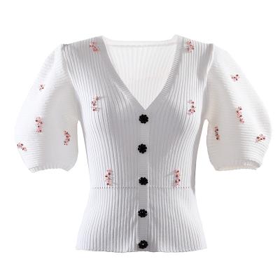 China Anti-pilling knit puff sleeve t-shirt for ladies, women sexy low cut crop tops summer elastic thin shirt tops short sleeve t-shirts for sale
