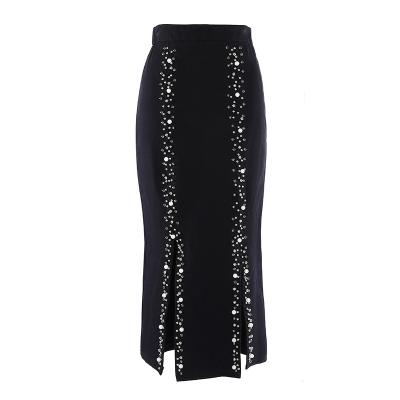 China Breathable Pearls Beaded Mermaid Edge Skirt Fall And Winter Maxis With Slit In The Wrap Midi Re Skirt for sale