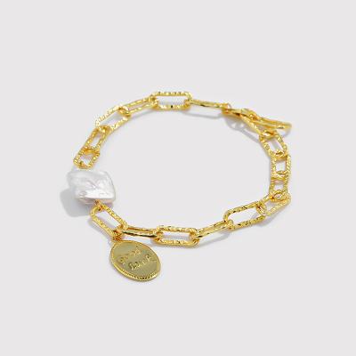 China JoyEver Gold Paperclip Lead Free Nickel Free Link Chain With Square Baroque Pearl Woven Bracelet 925 Sterling Silver Personalized Bracelets For Women for sale
