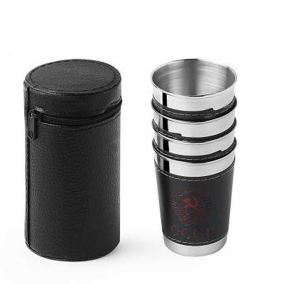 China Custom Silver Art Decor Logo 180ml Stainless Steel Metal Shot Glass Mug With PU Socket 4 PCS Set for sale
