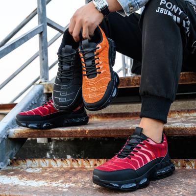 China Sapatos de segurança de sola com almofada de ar de Kevlar Flyknit para trabalhadores industriais em laranja vermelho preto à venda