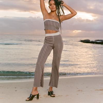 China CF155132 Vintage Plaid Women's Casual Sets QUICK DRY Fit Strapless Crop Top With Wide Leg Pants 2 PC for sale