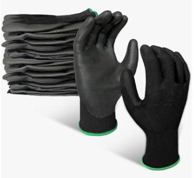 China Anti-slip 13Gauge black polyester shell with black PU palm coated dexterity gloves for sale