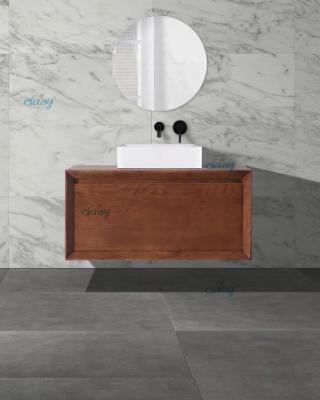 Chine Vanité à la mode de salle de bains de dessus de bois de construction de salle de bains de Brown avec le miroir rond à vendre