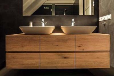 Chine Vanité en bois de salle de bains de dessus de bois de construction de couleur de 6 tiroirs avec le bassin 2 en céramique blanc à vendre