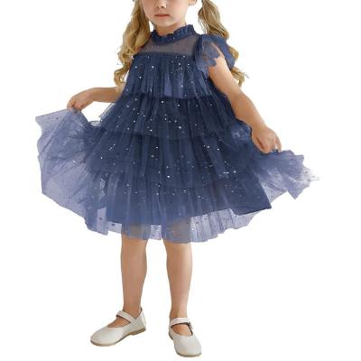 China Hot Selling Anti-wrinkle Little Girl 5 Layers Tulle Ruffles Short Sleeve Zipper Closure Wedding Party Kids Tutu Dress With Ruffle Neck for sale