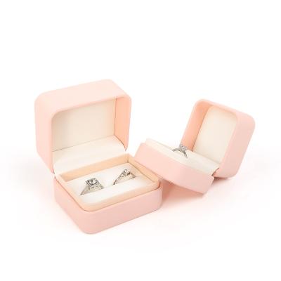 China Wholesale Jewellery Packaging Ring Box Custom Jewelry Packaging Luxury pink Leather jewelry double Ring Box for Wedding Engagement for sale