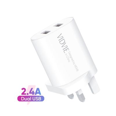 China Universal VIDVIE Universal DC 5V 2.4A Dual USB Ports UK Plug Wall Charger With Turn On Cable for sale