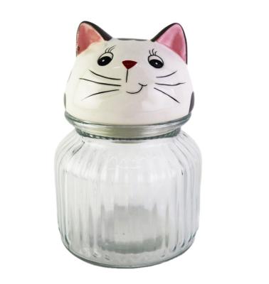 China Sustainable Ceramic Glass Bottle Lid Kitty Cover Cookie Glass Bottle Jar Food Soorange Canister for sale