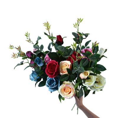 China Three Silk And Plastic Rose Artificial Flowers Rose For Wedding Decorative Rose Flower Artificial Flower Wall for sale