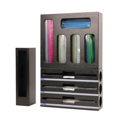 China Stocked 9 in 1 Eco-friendly Bamboo Kitchen Drawer Container Bamboo Plastic Wrap Organizer Ziplock bag Storage with Foil Cutter and Box for sale