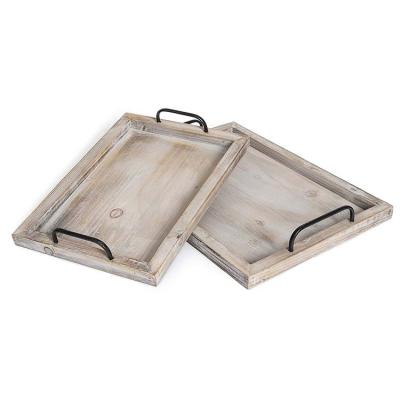 China Sustainable Wholesale Vintage Food Serving Trays Nesting Wooden Tray with Metal Handles for Hotel for sale