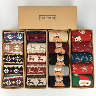 China Woolen Antibacterial Christmas Bangs 5 PIECES Women'S Deer Ladies Thick Warm Socks With Fur And Cute Gift Box Rabbit Cartoon Socks Winter Student for sale